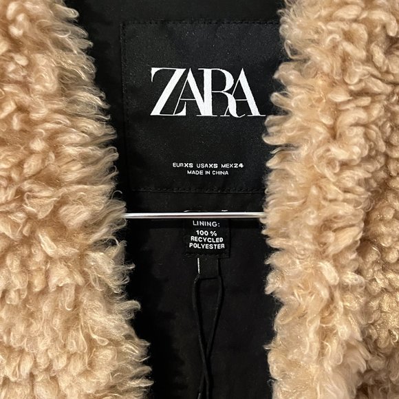 Zara Faux Fur Camel Teddy Coat NWT Size XS Mid Length - Picture 3 of 5